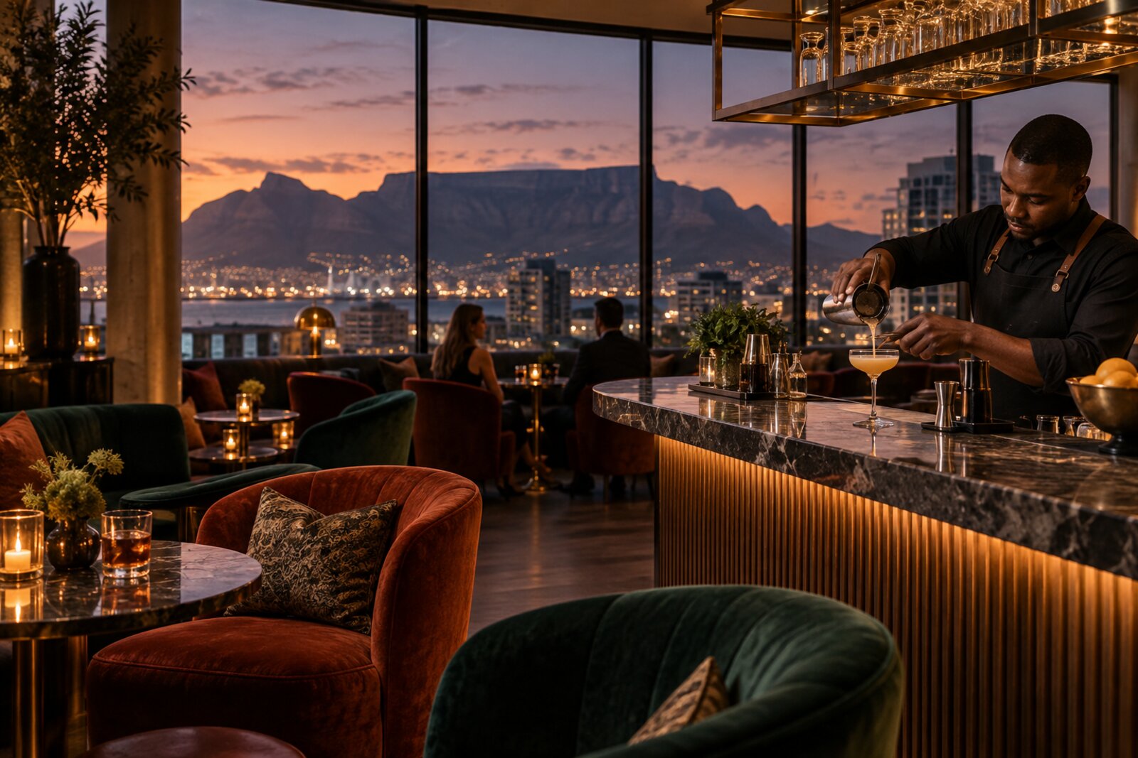 A cocktail bar and lounge with large windows framing a Table Mountain view at dusk, in the style of the Vista Bar at One&Only Cape Town