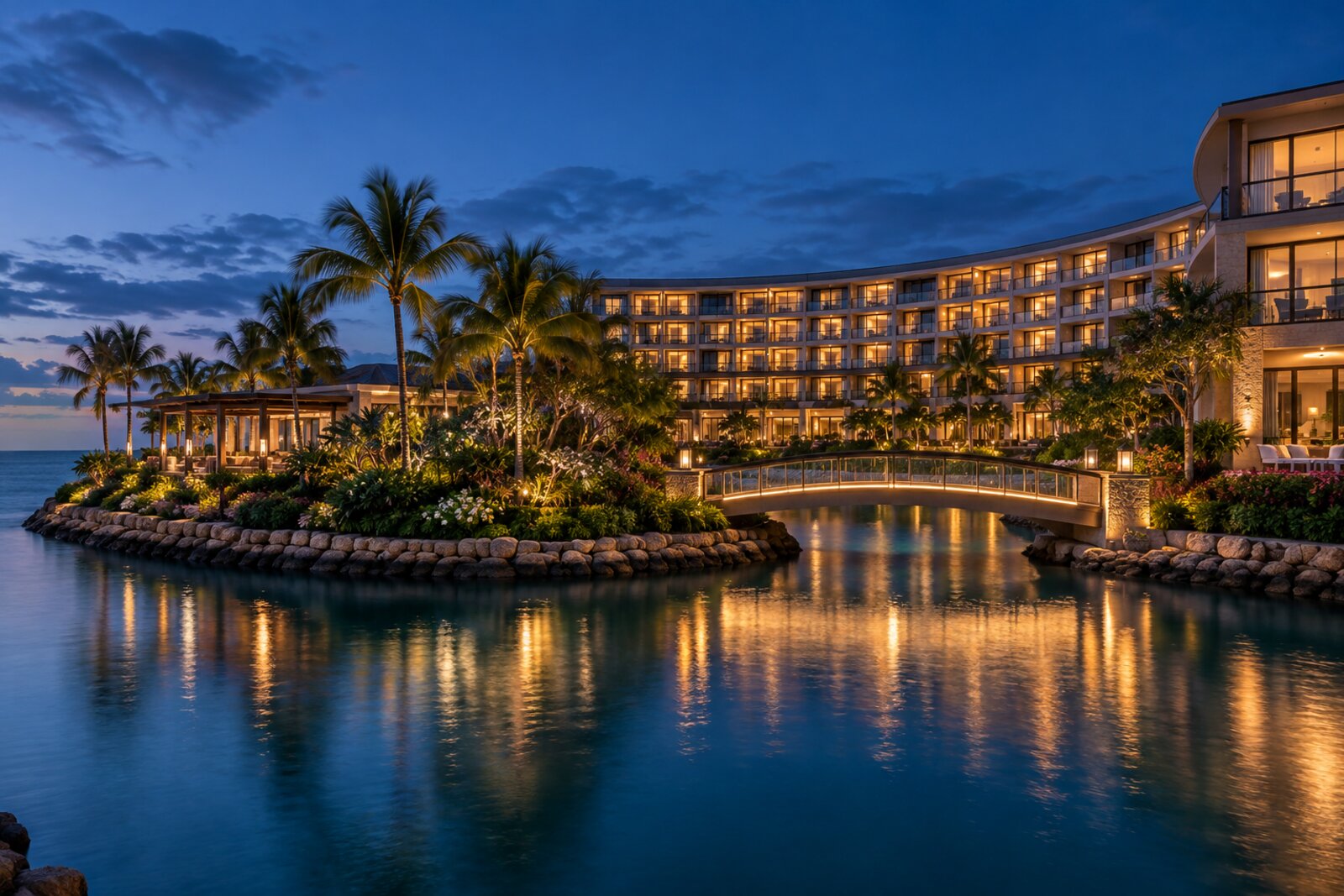 A crescent-shaped luxury resort building beside a landscaped private island and footbridge over calm water at blue hour, in the style of One&Only Cape Town