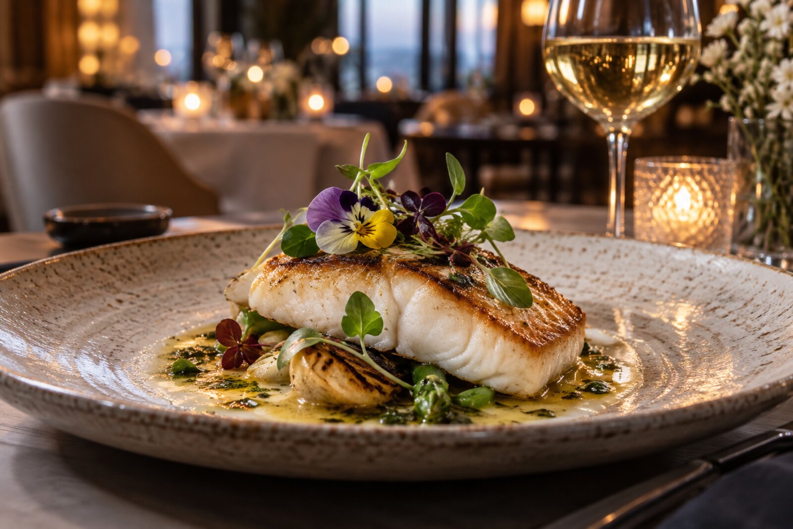 A beautifully plated fine-dining fish dish with microgreens on a ceramic plate in warm light at One&Only Cape Town