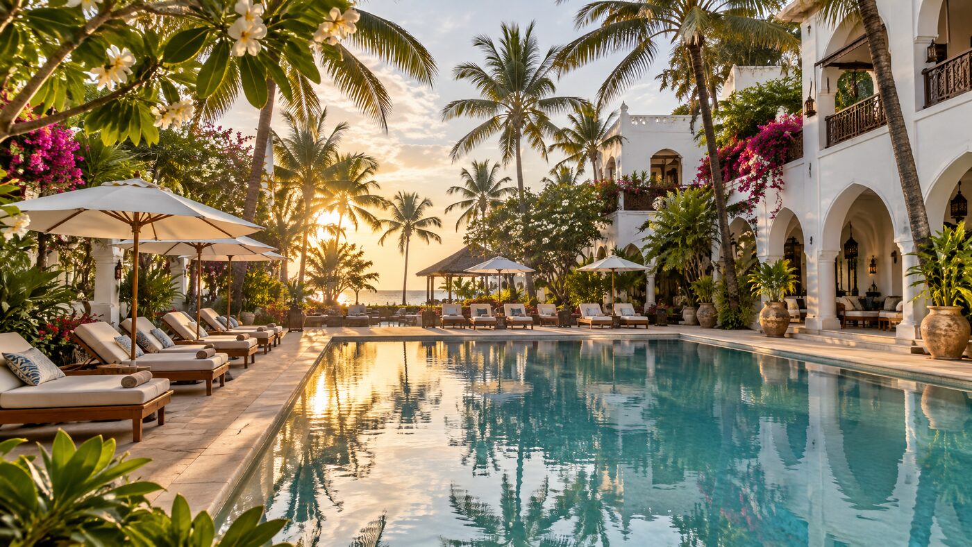 Pool and Swahili-inspired gardens at Diamonds Malindi on the Kenya coast