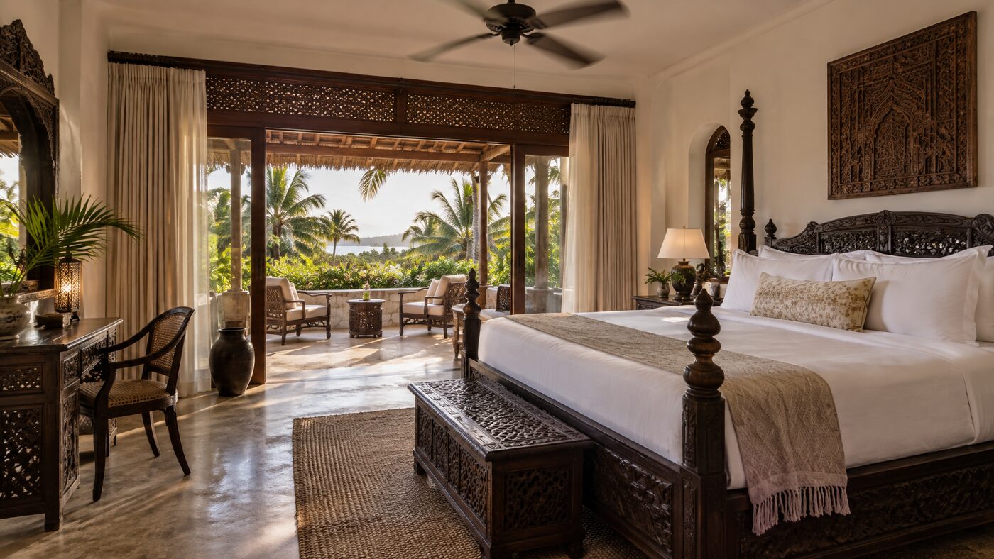 Suite interior at Diamonds Malindi with Lamu carved furniture and garden terrace