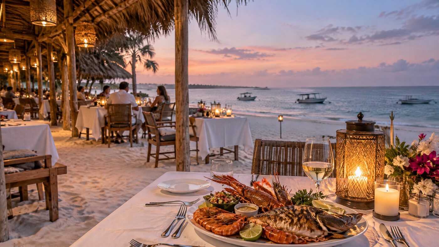 ONDA beachfront restaurant at Diamonds Malindi at sunset with seafood