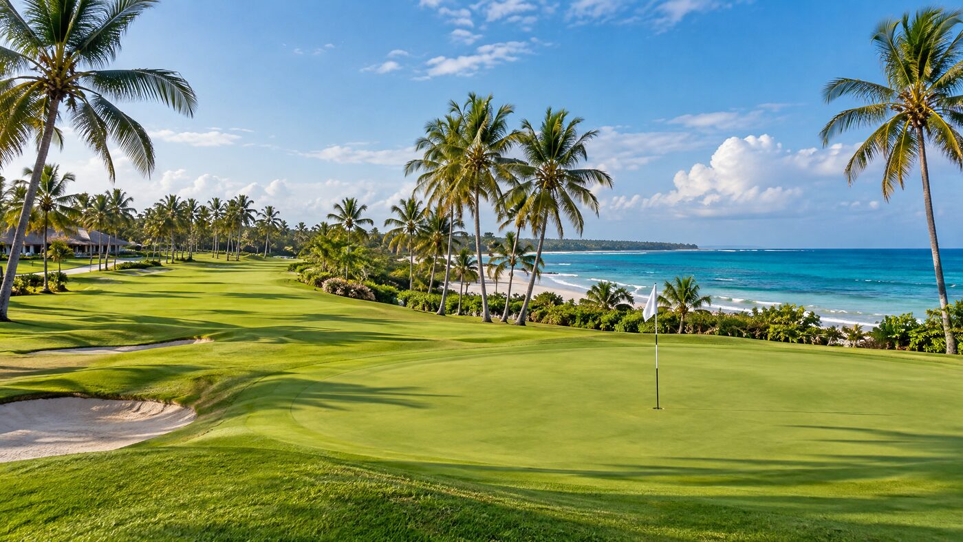 18-hole golf course with palm trees and Indian Ocean view at Diamonds Leisure Beach, Diani