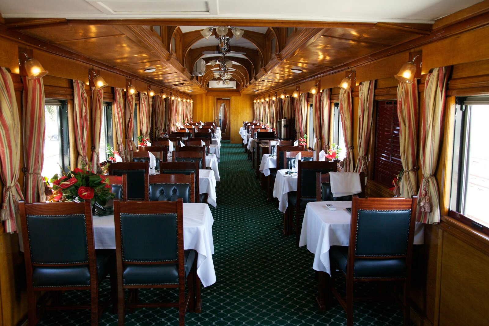 Rovos Rail dining car set for a formal gourmet dinner