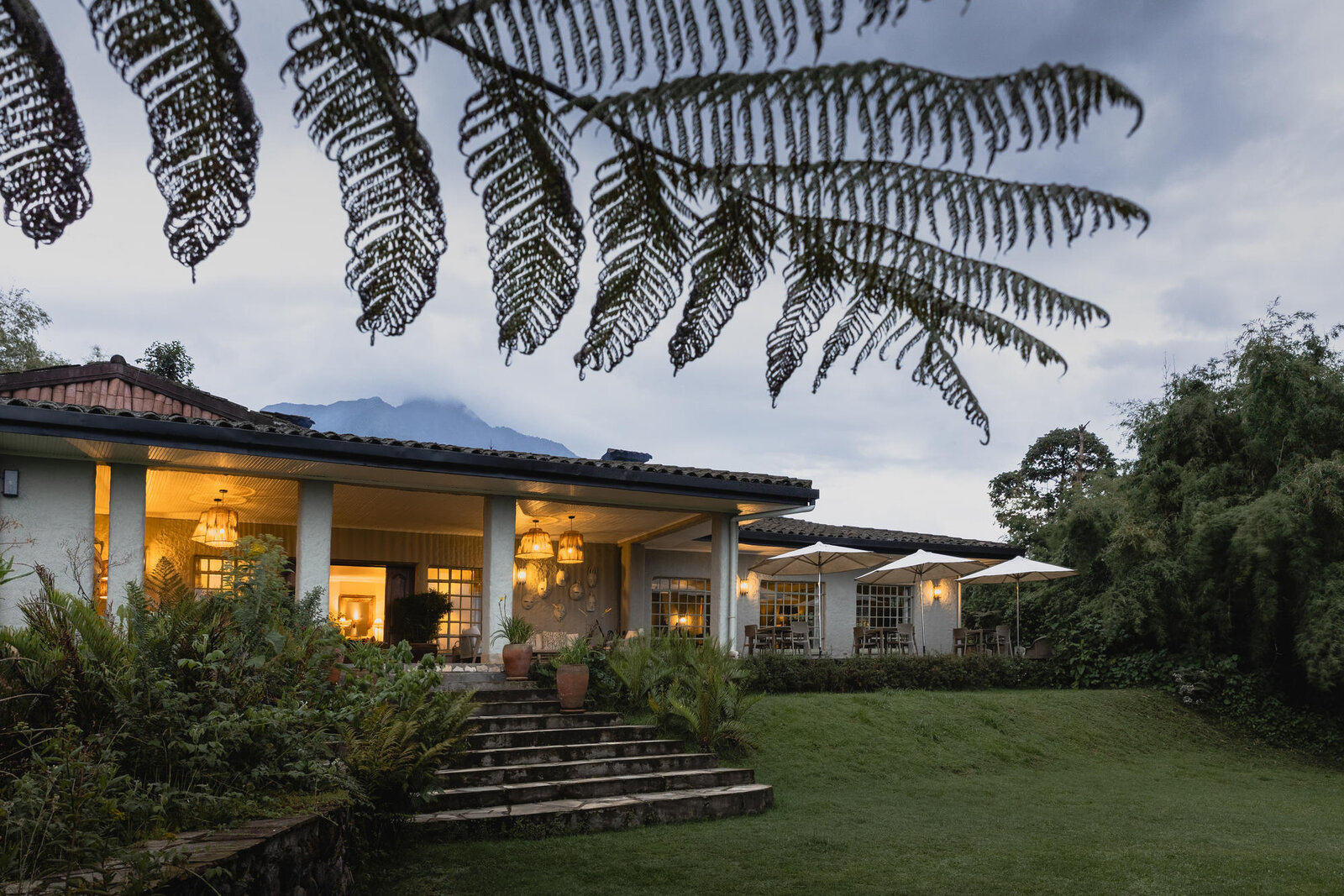 Sabyinyo Silverback Lodge exterior beneath the Sabyinyo and Gahinga volcanoes, Rwanda