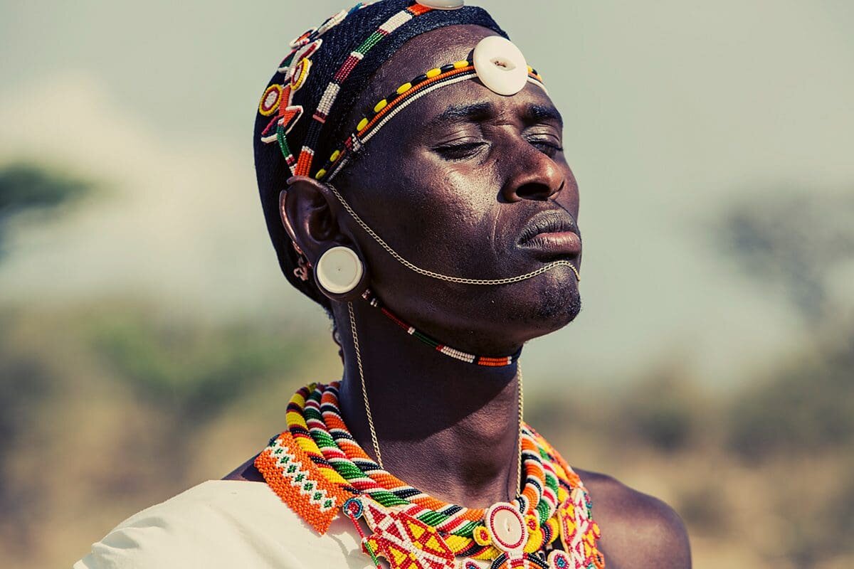 Samburu warriors in crimson robes and beadwork