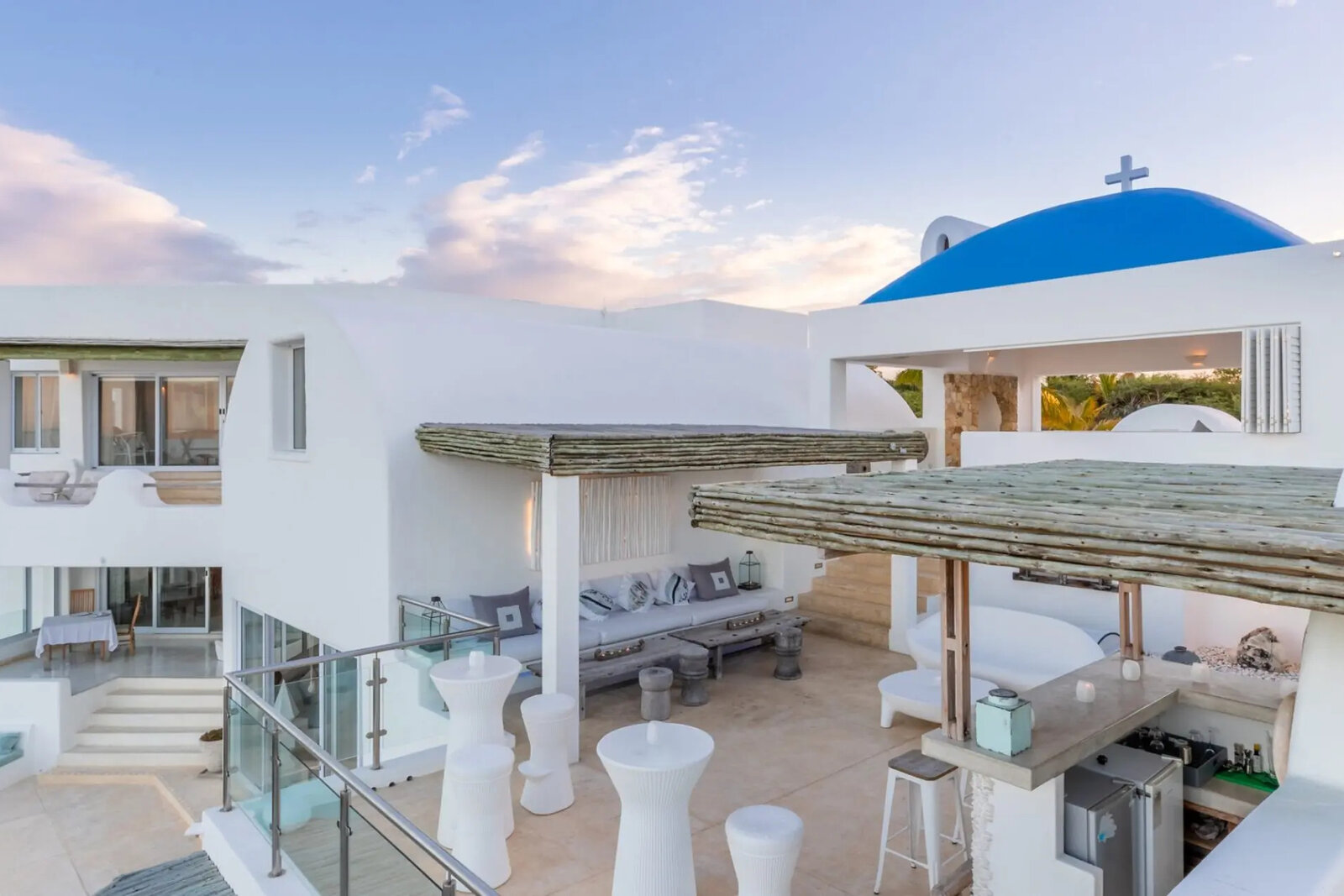 The whitewashed, blue-domed Main Villa of Santorini Mozambique above Vilanculos Bay