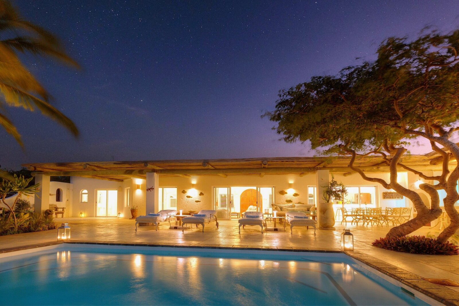 The Chapel honeymoon villa at Santorini Mozambique with private pool at dusk