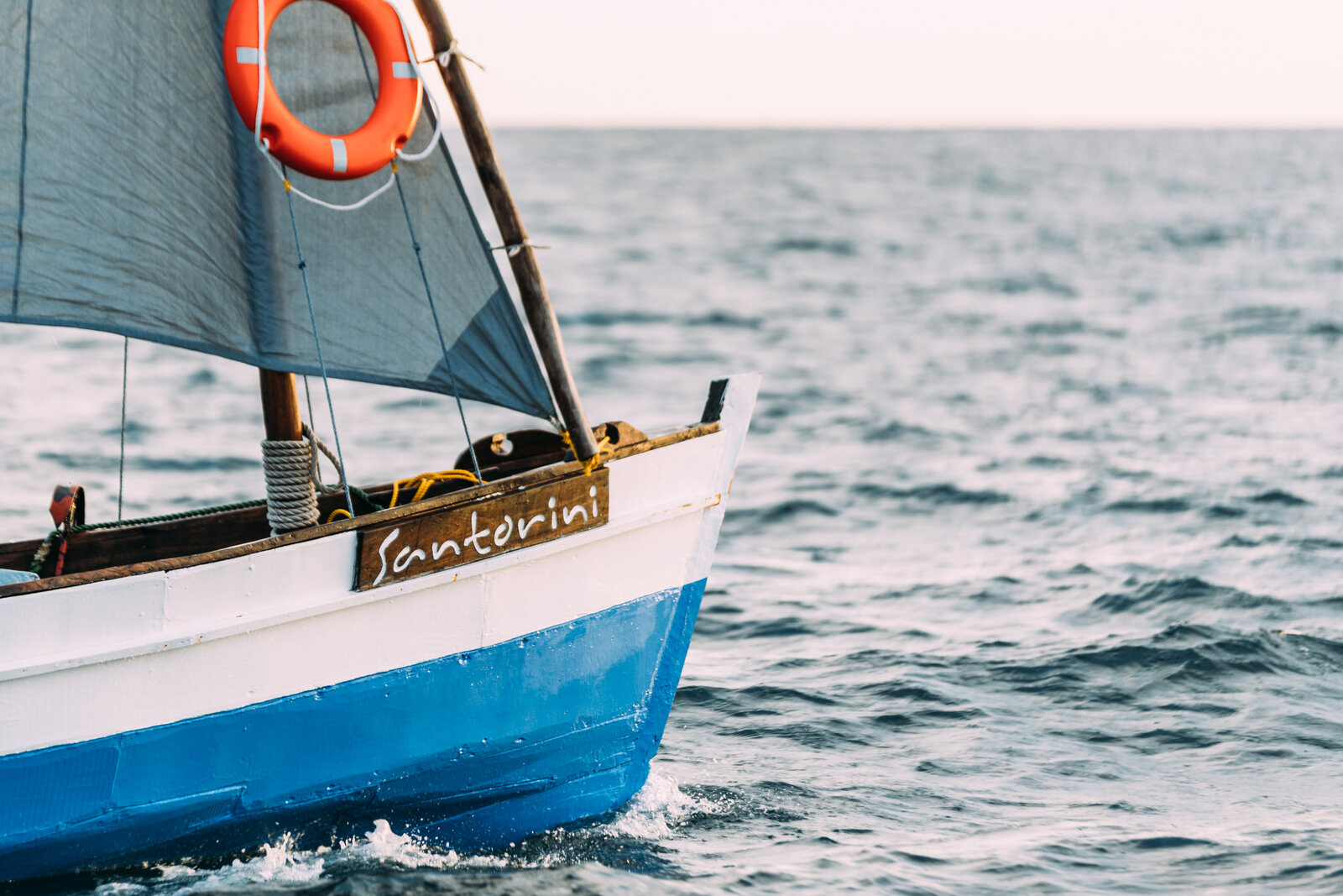 The traditional dhow named Santorini sailing on Kingfisher Bay toward the Bazaruto Archipelago, Mozambique