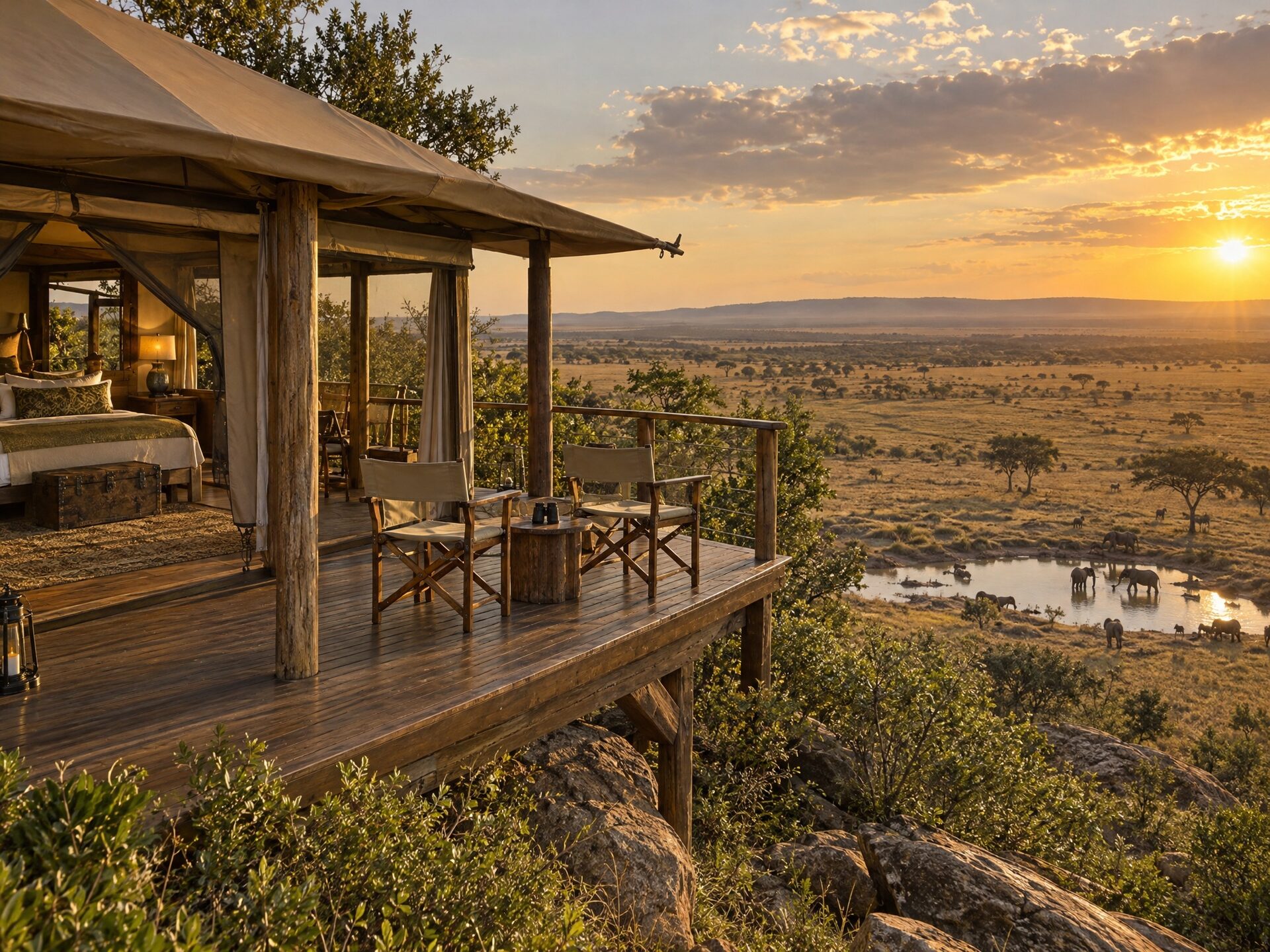 Saruni Eagle View tent on a raised platform high on the Naboisho escarpment overlooking the Mara plains