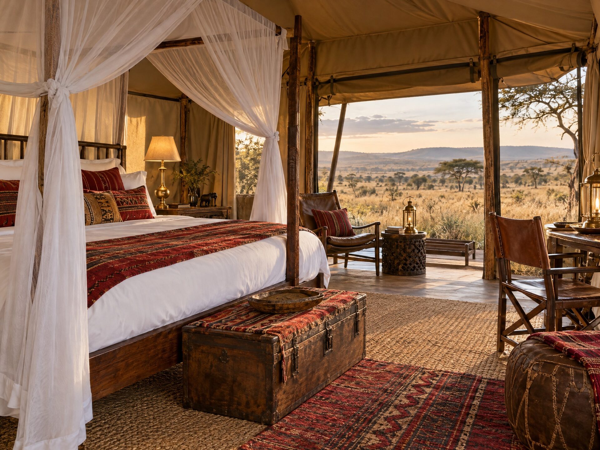 Saruni Eagle View tent interior with king bed, raised canvas ceiling and earth-toned decor
