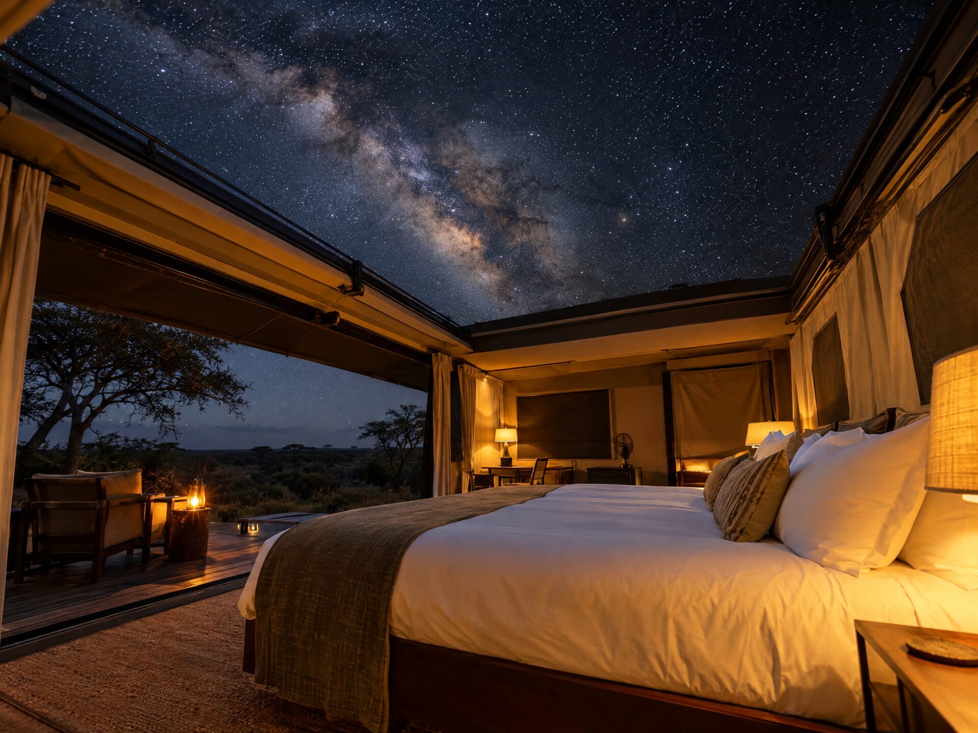 Saruni Leopard Hill tent with the retractable roof open above the bed for stargazing