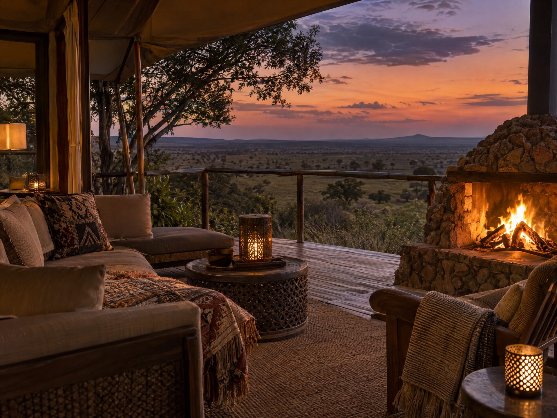Private veranda with fireplace and seating at a Saruni Leopard Hill tent on a raised wooden platform