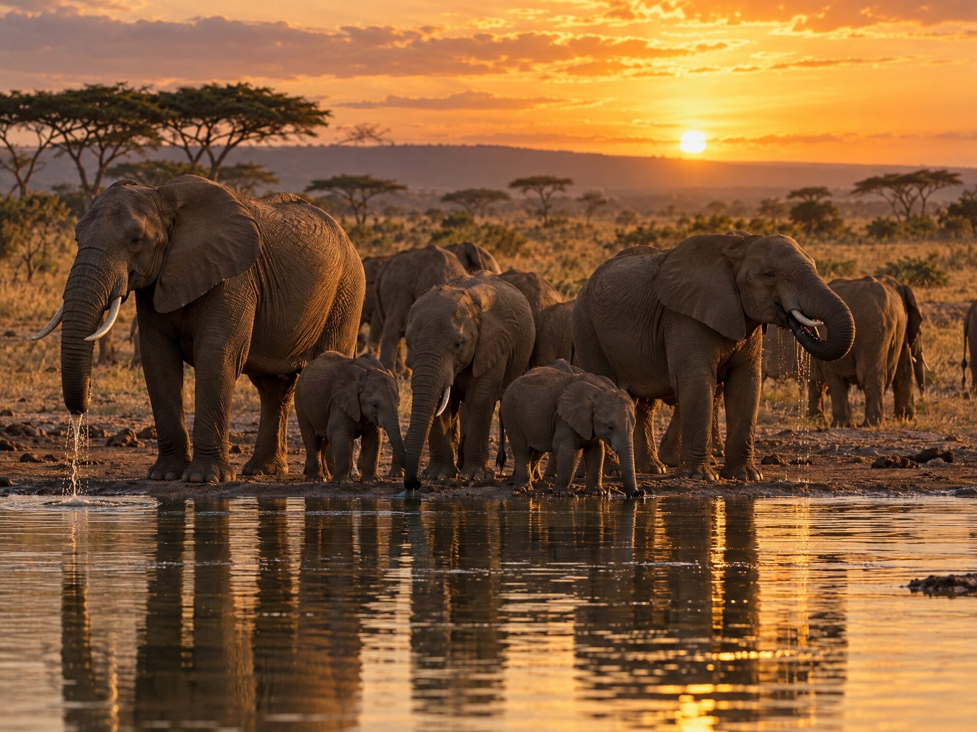 Elephant herd at a waterhole below the Naboisho escarpment near Saruni Eagle View