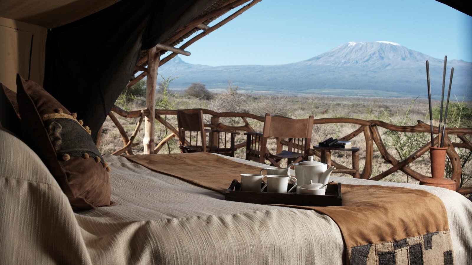 View of Mount Kilimanjaro from a Satao Elerai tent veranda across the Amboseli plains
