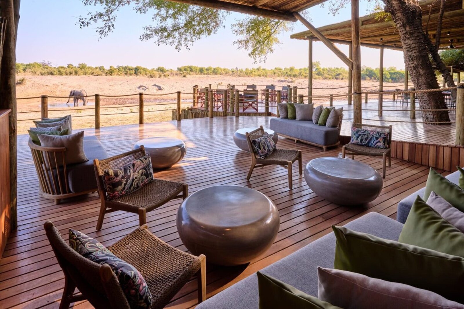 Ghoha Hills Savuti deck at sunrise, panoramic predator views