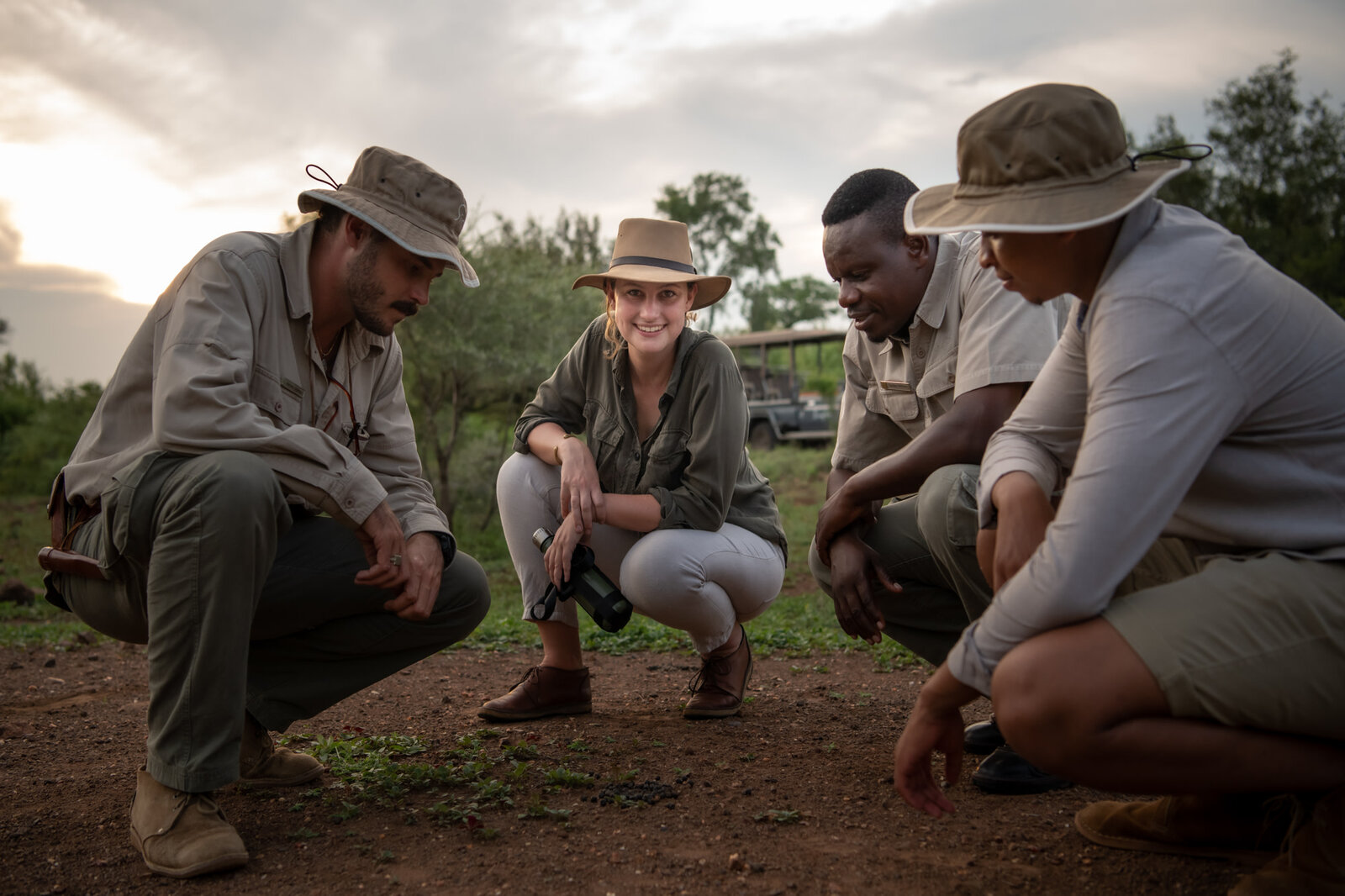 Singita guide and trackers leading guests on a bush walk in eastern Kruger