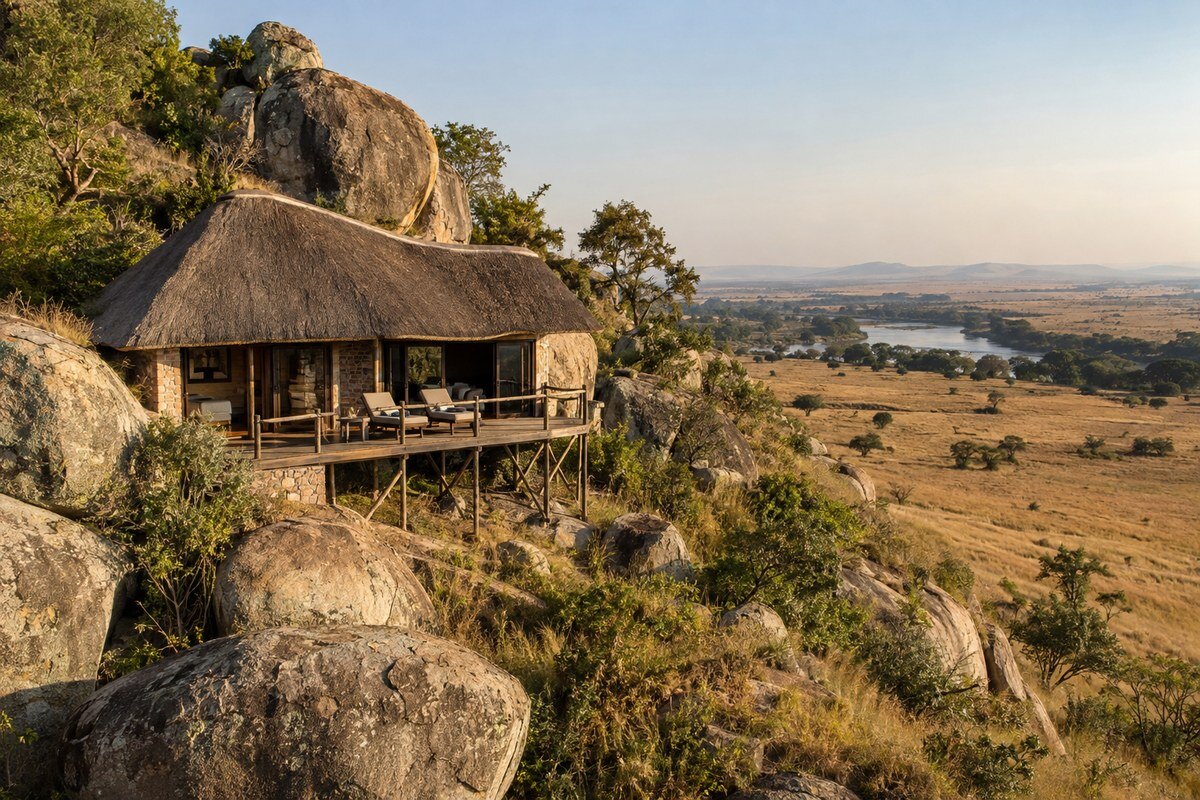 Thatched chalet built among granite rocks on a plateau above the Serengeti plains at Soroi Serengeti Lodge