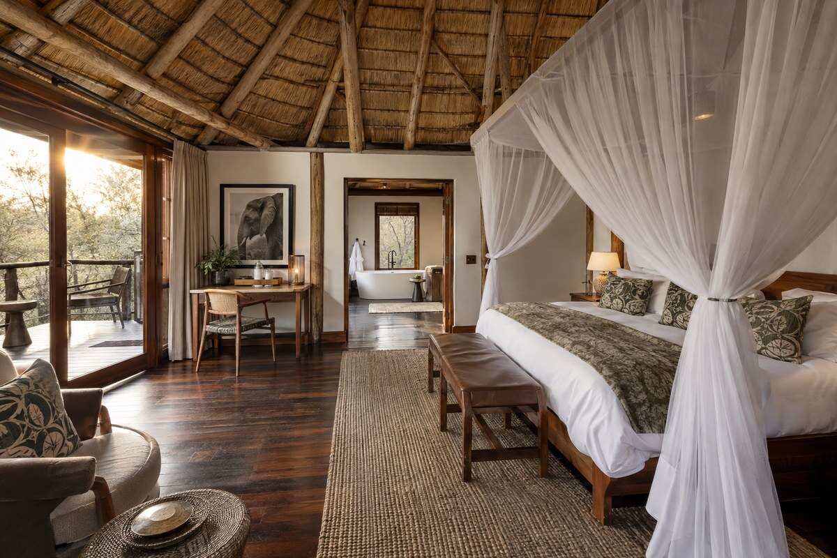 Interior of a thatched chalet at Soroi Serengeti Lodge with a double bed, hardwood floor and large windows
