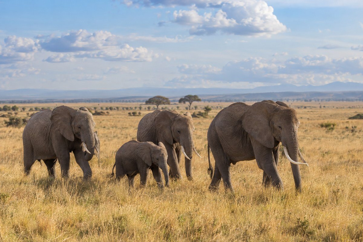 Herd of elephant crossing the open Musabi Plains below the plateau at Soroi Serengeti Lodge