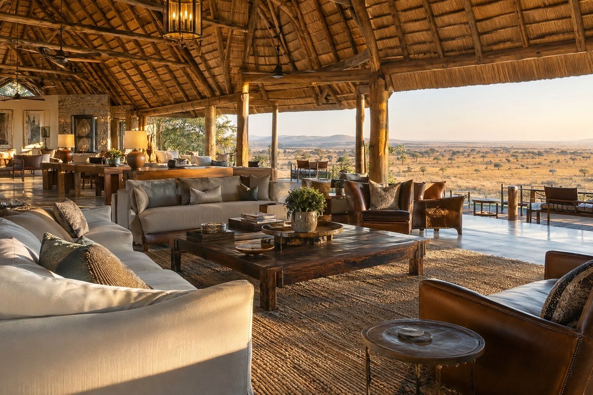 Three-tiered timber and thatch main lodge with lounge and bar overlooking the Serengeti at Soroi Serengeti Lodge