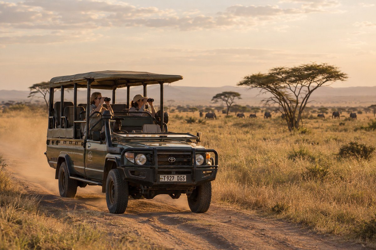 Open-sided safari vehicle on a game drive across the plains of the Western Corridor Serengeti