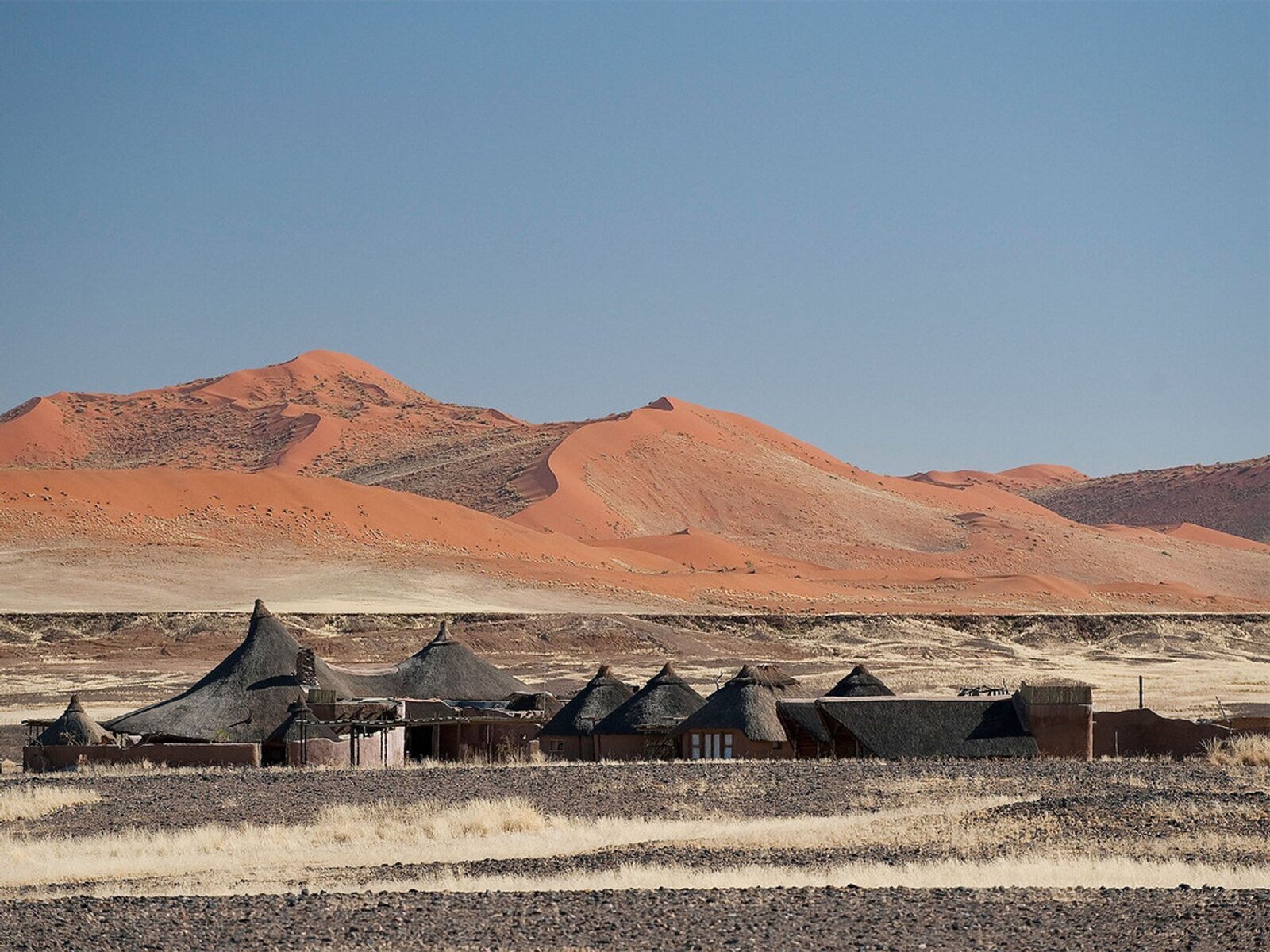 Thatched desert lodge chalets beneath the dunes at Sossusvlei