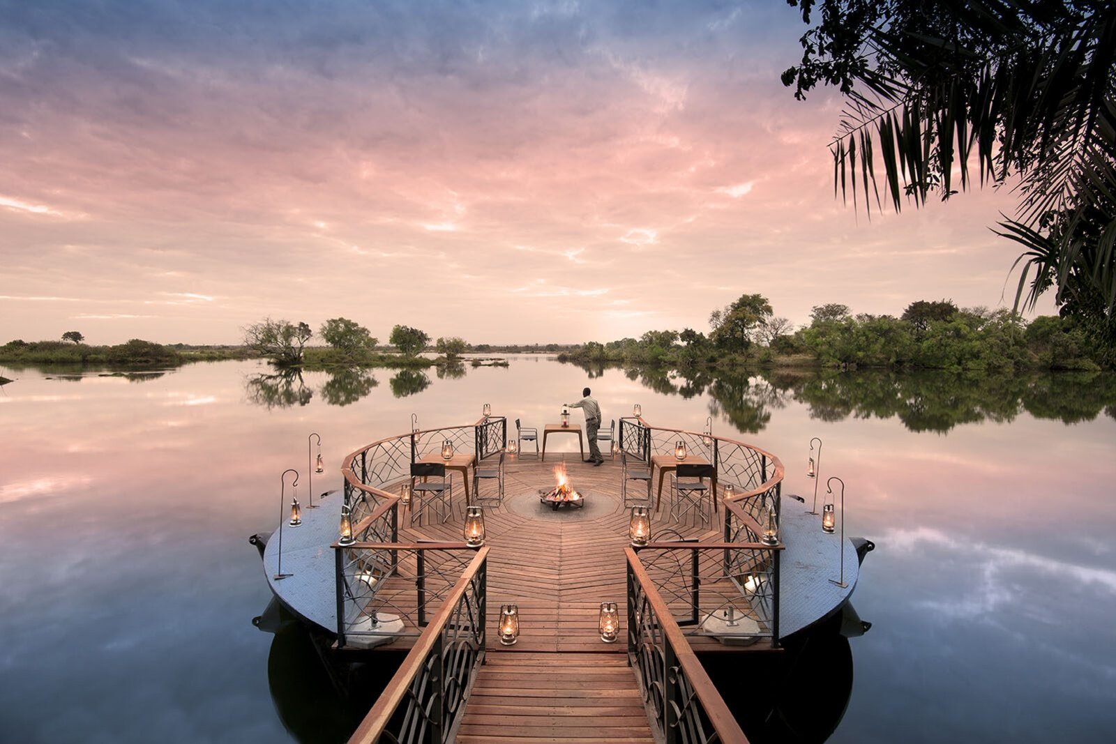 A luxury lodge deck at sunset in the Greater Kruger