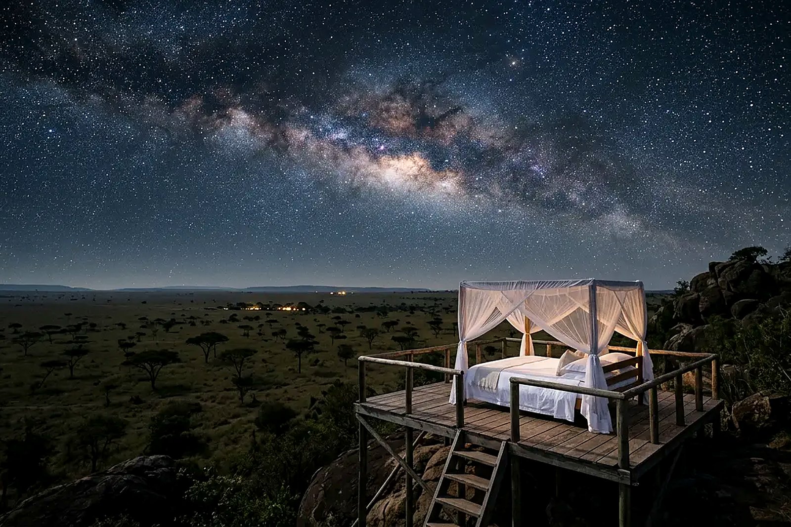 A sleep-out platform on the salt pans at sunset at a remote off-grid Kalahari camp