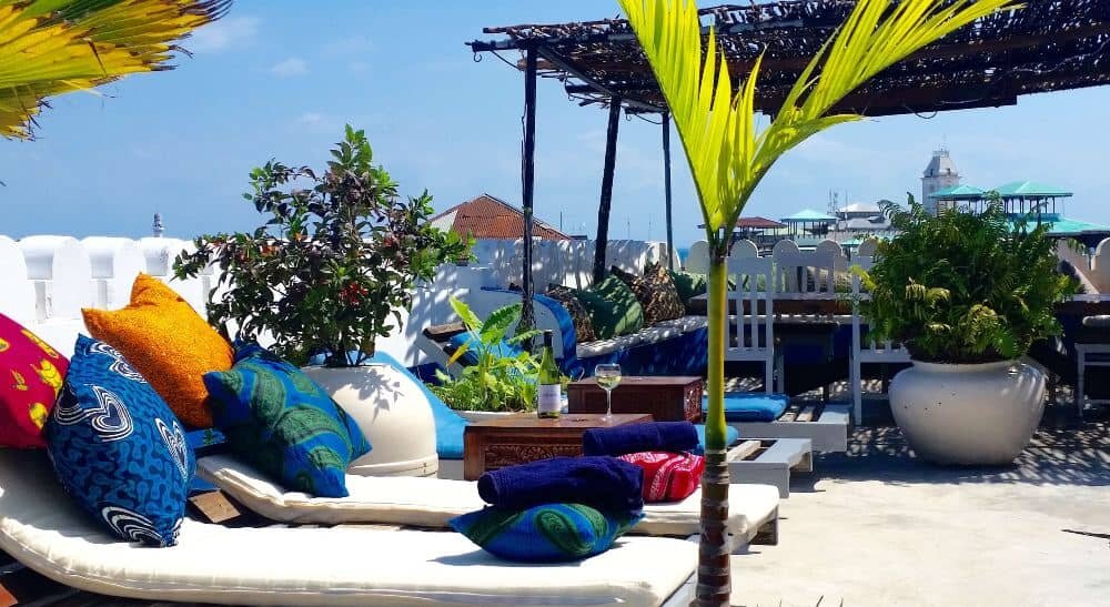 Sun loungers and a palm on the rooftop terrace at The Swahili House, Stone Town