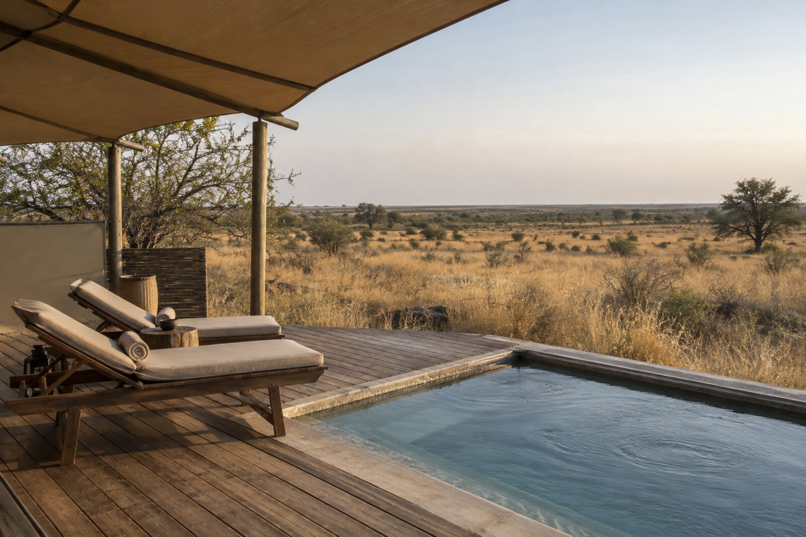 Plunge pool on the main deck at Tau Pan Camp overlooking the Central Kalahari plains
