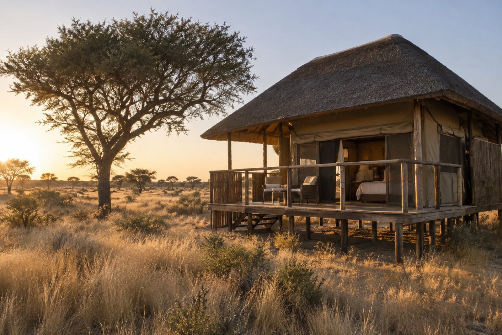 Raised canvas and thatch guest room at Tau Pan Camp on a timber platform in the Central Kalahari