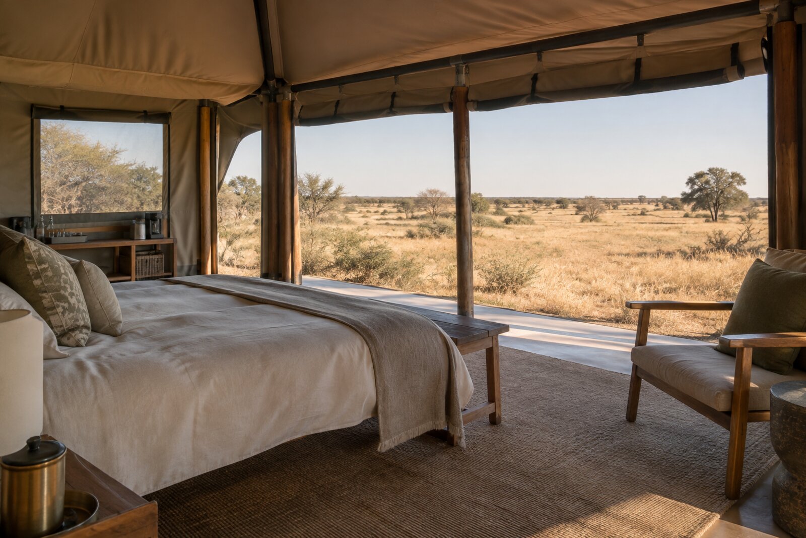 Interior of a Tau Pan Camp room with a bed under a timber and canvas frame opening to the Kalahari plains