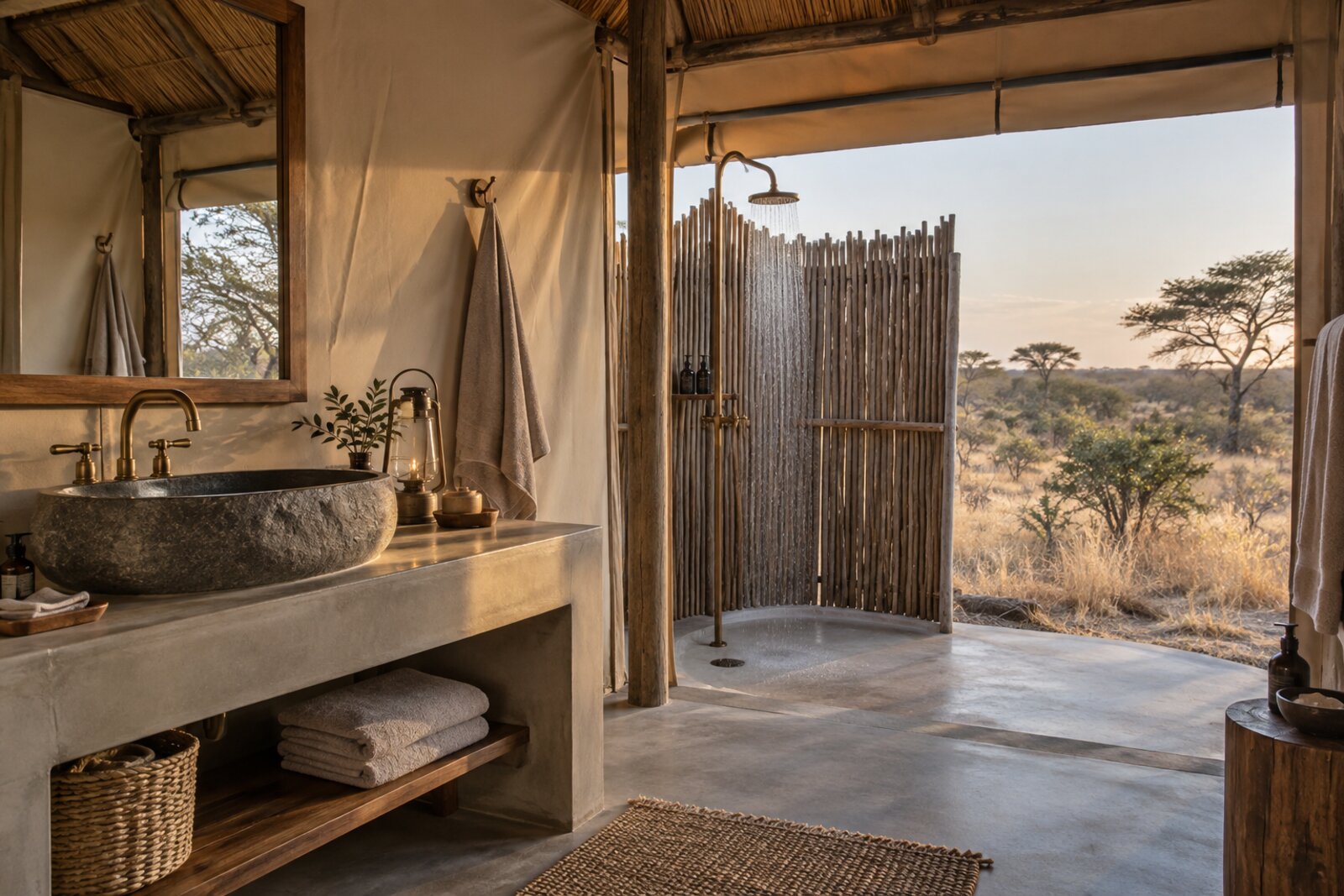 En-suite bathroom at Tau Pan Camp with a stone basin and indoor-outdoor shower, Central Kalahari