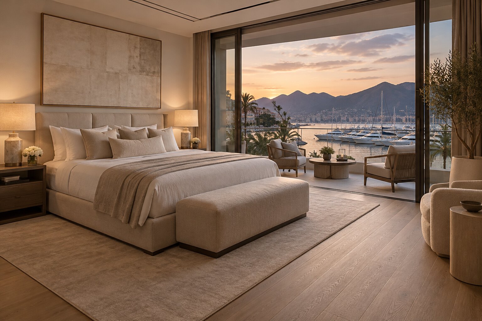 A guest room at The Cape Town EDITION with a deep bed and floor-to-ceiling glass opening onto a private balcony over the marina at sunset