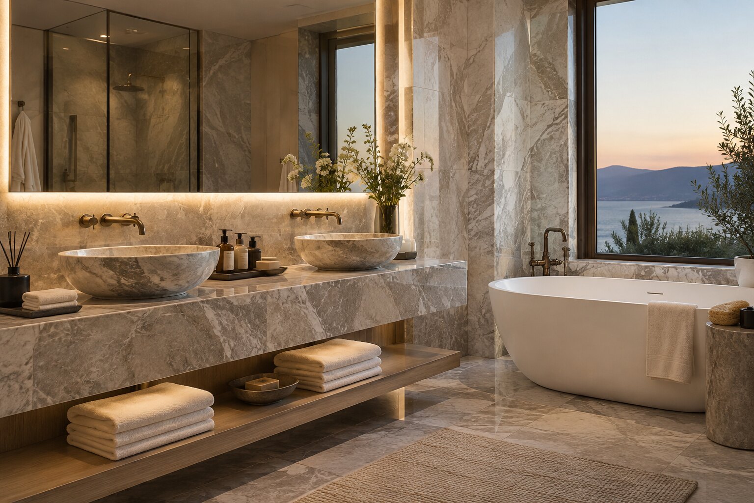 A marble bathroom with twin basins and a freestanding tub in a suite at The Cape Town EDITION