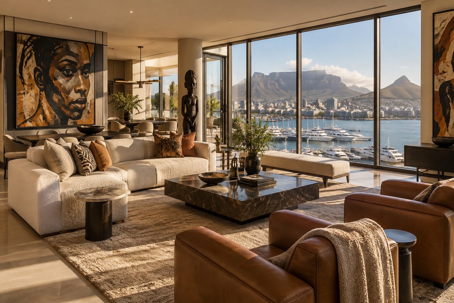A residence lounge with South African art, soft seating and harbour light at The Cape Town EDITION