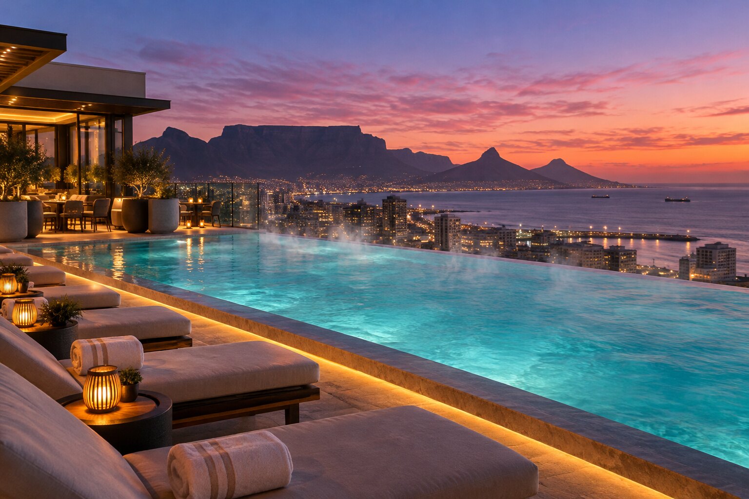 The heated rooftop pool at The Cape Town EDITION at dusk, with lit loungers and Table Mountain and Lion's Head beyond
