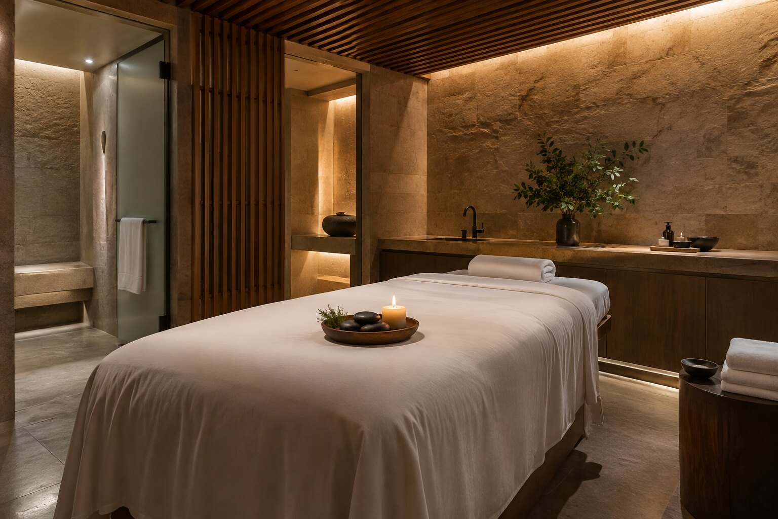 A calm treatment room at the spa at The Cape Town EDITION, set below sea level