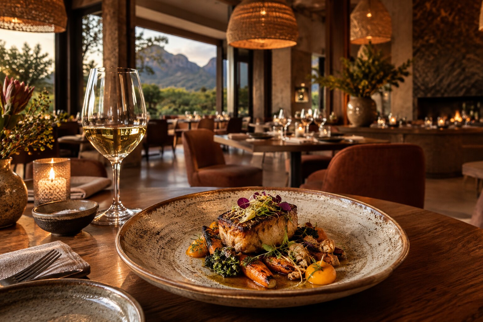 A plated seasonal South African fish dish with a glass of white wine and a mountain view at The Cape Town EDITION