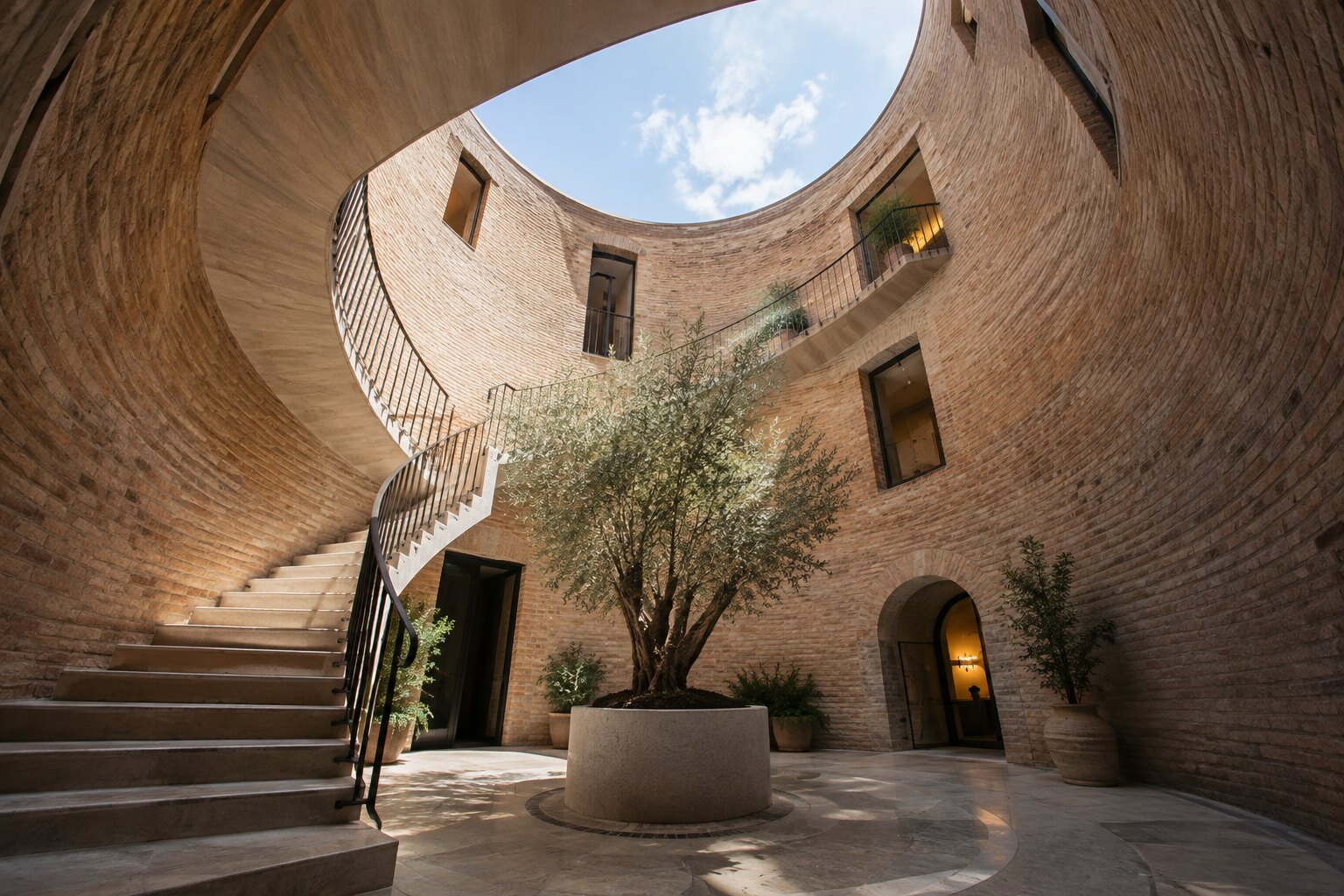 A cylindrical, open-to-sky brick atrium with a spiral staircase and an olive tree at its base, in the style of The Drum at The Cape Town EDITION