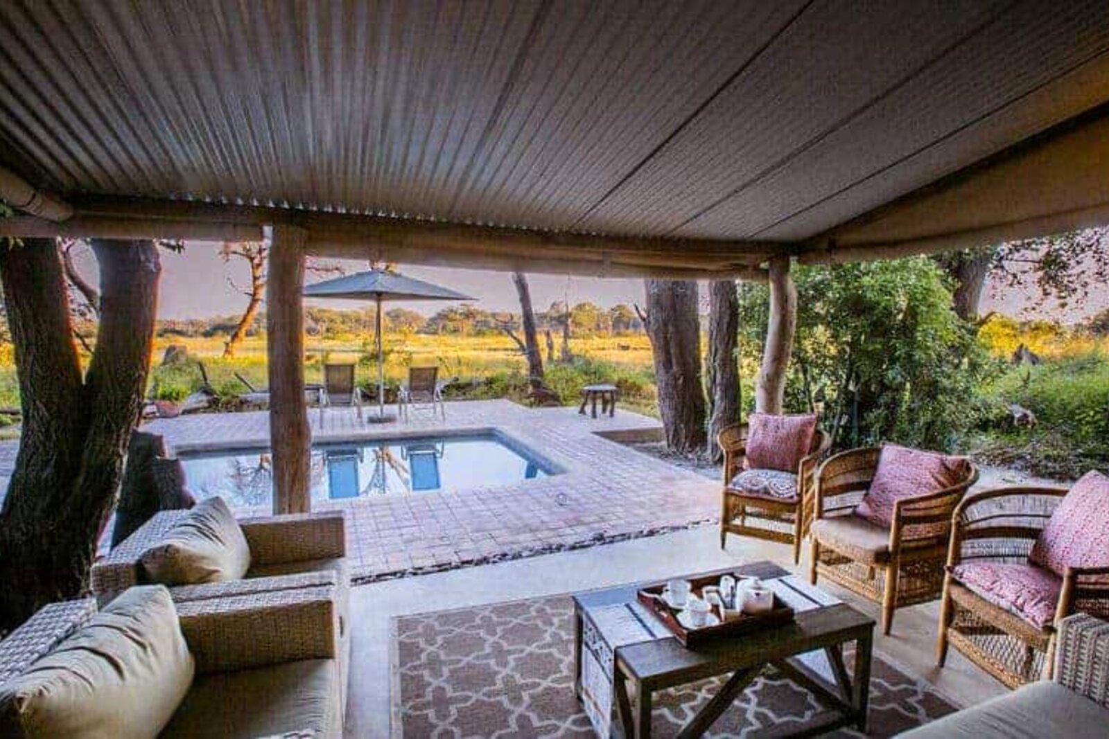 A private plunge pool and deck at a luxury Hwange safari camp