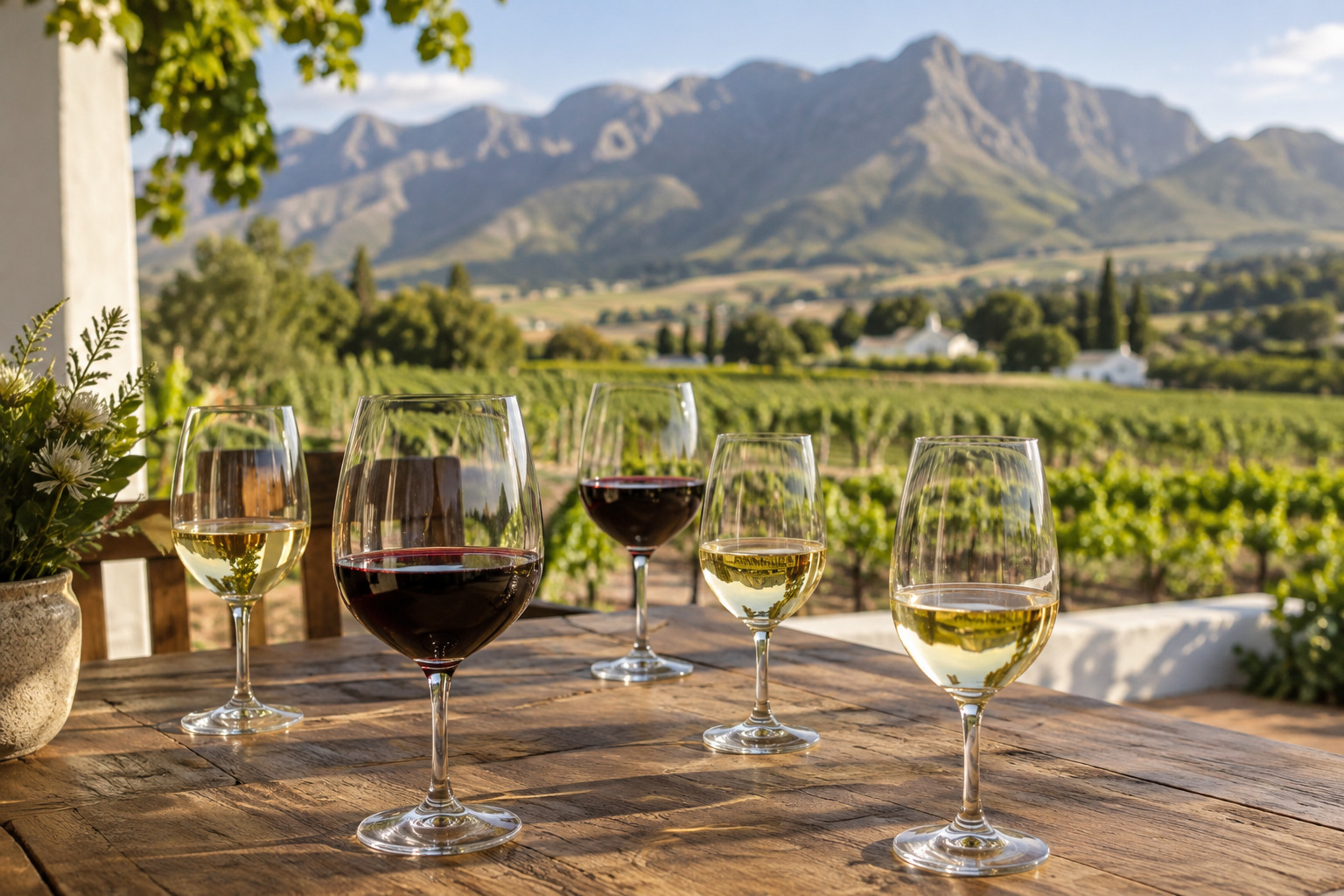 A wine tasting set out on a terrace over the vines