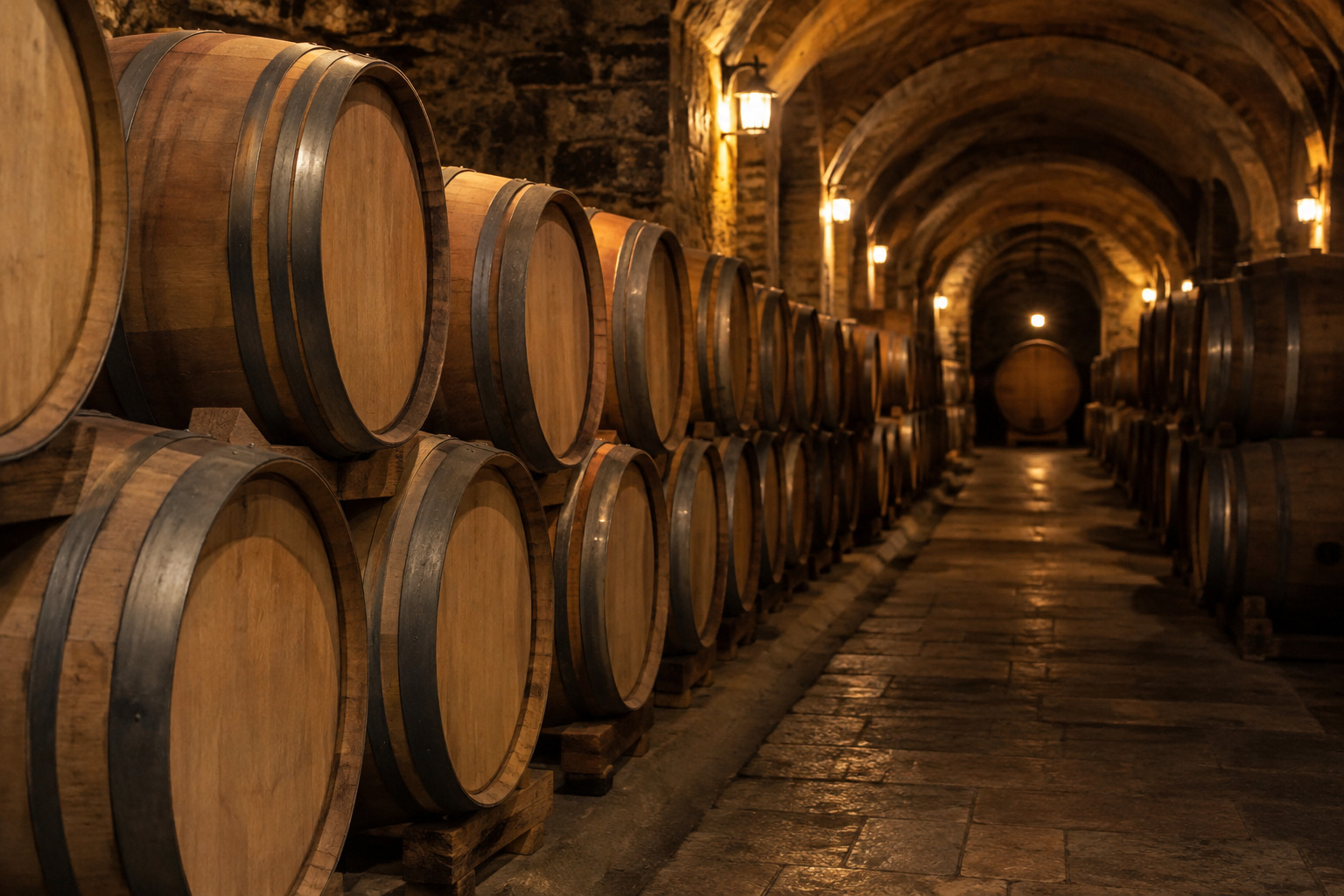 Oak barrels maturing wine in an estate cellar