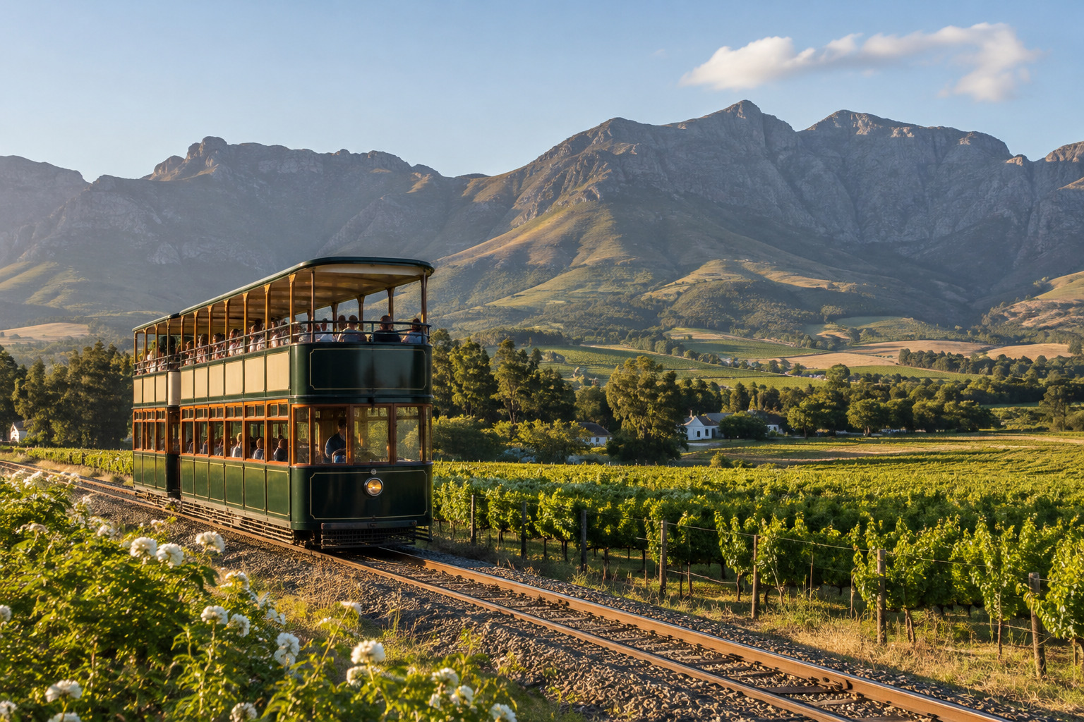 The open-sided Franschhoek Wine Tram passing the vineyards