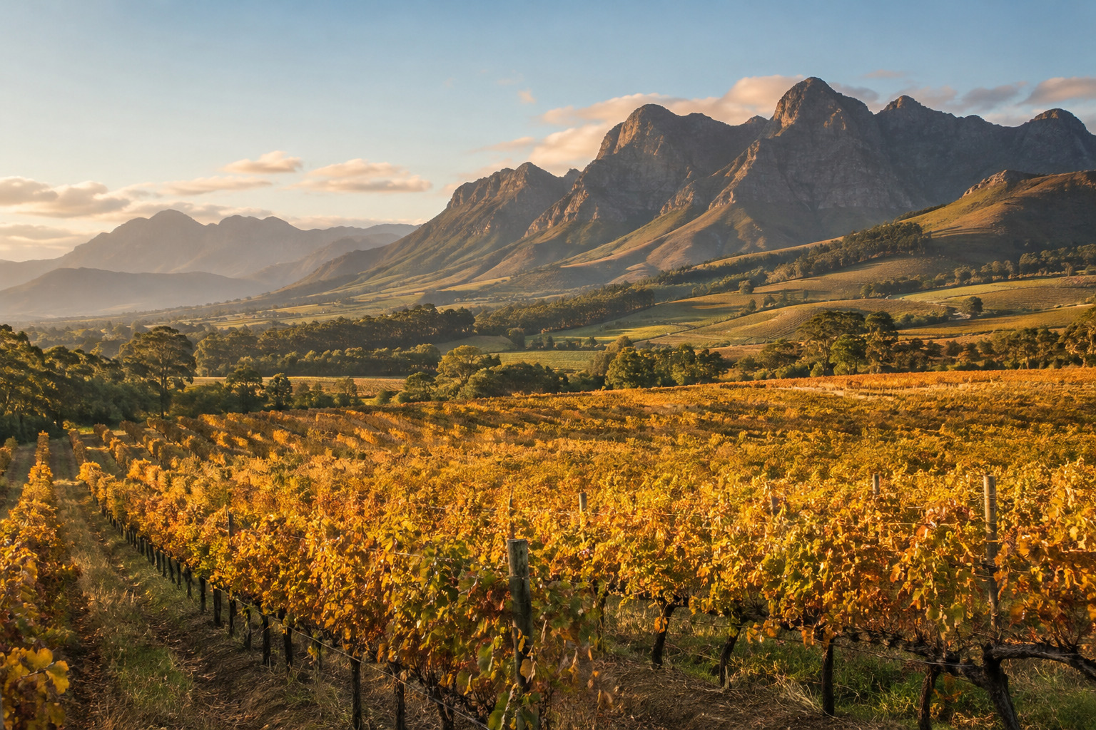 Vineyards turning gold in autumn in the Winelands