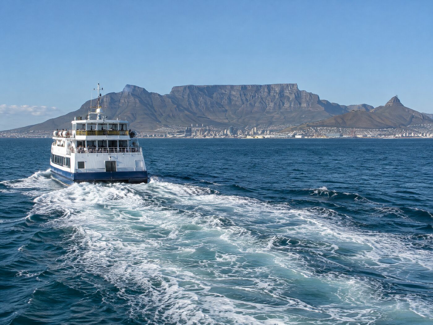Ferry crossing Table Bay toward Robben Island