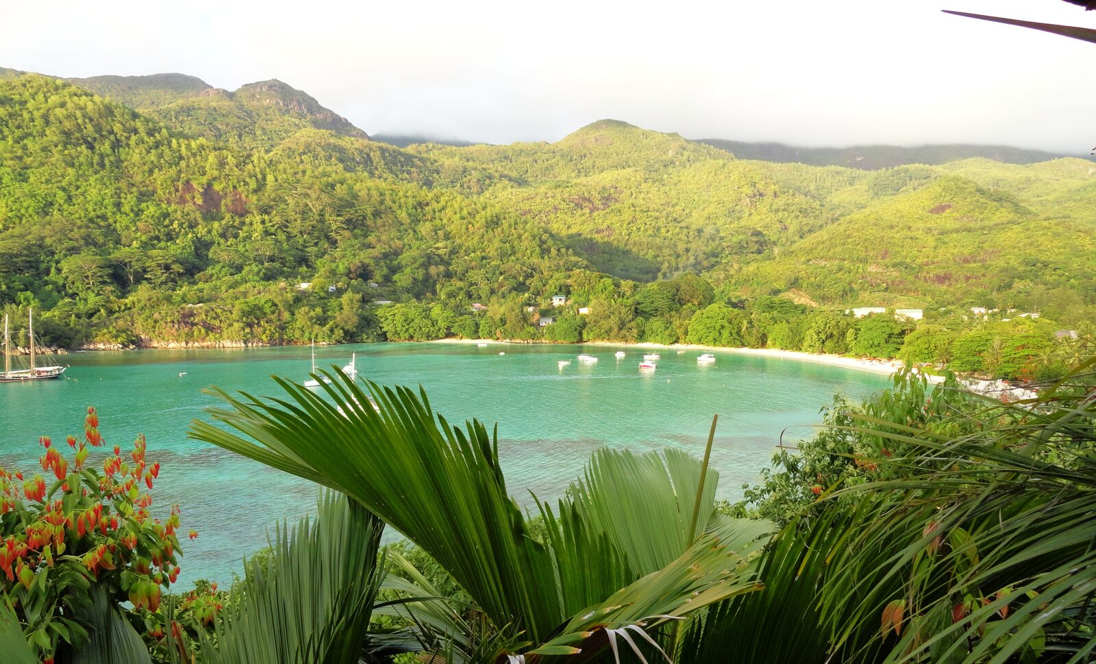 Aerial view of a family resort on a calm bay in the Seychelles