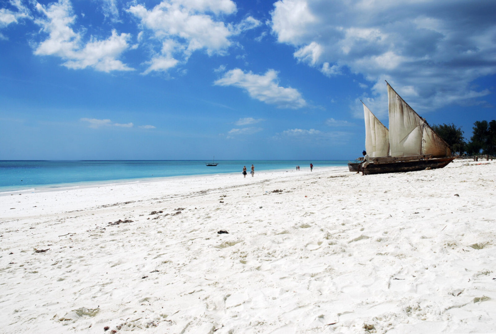 A dhow on the white sand of Nungwi beach, northern Zanzibar