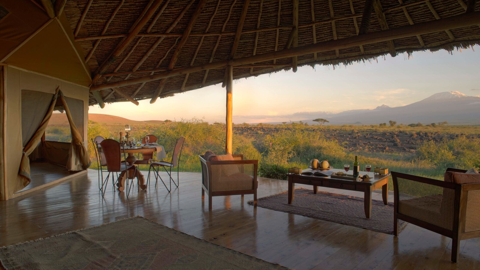 Tortilis Camp veranda with Kilimanjaro sunrise view